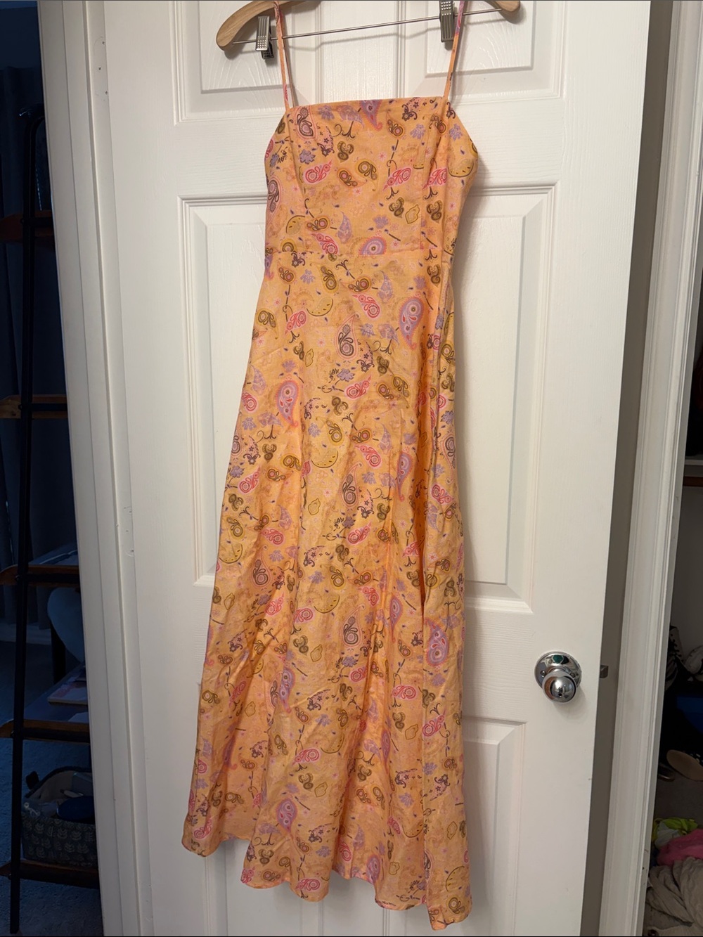 Yellow Paisley Midi Dress with Spaghetti Straps